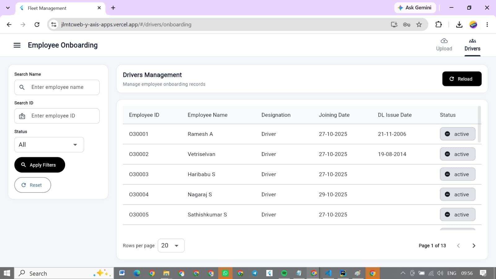 JL MTC Operations Management interface detail